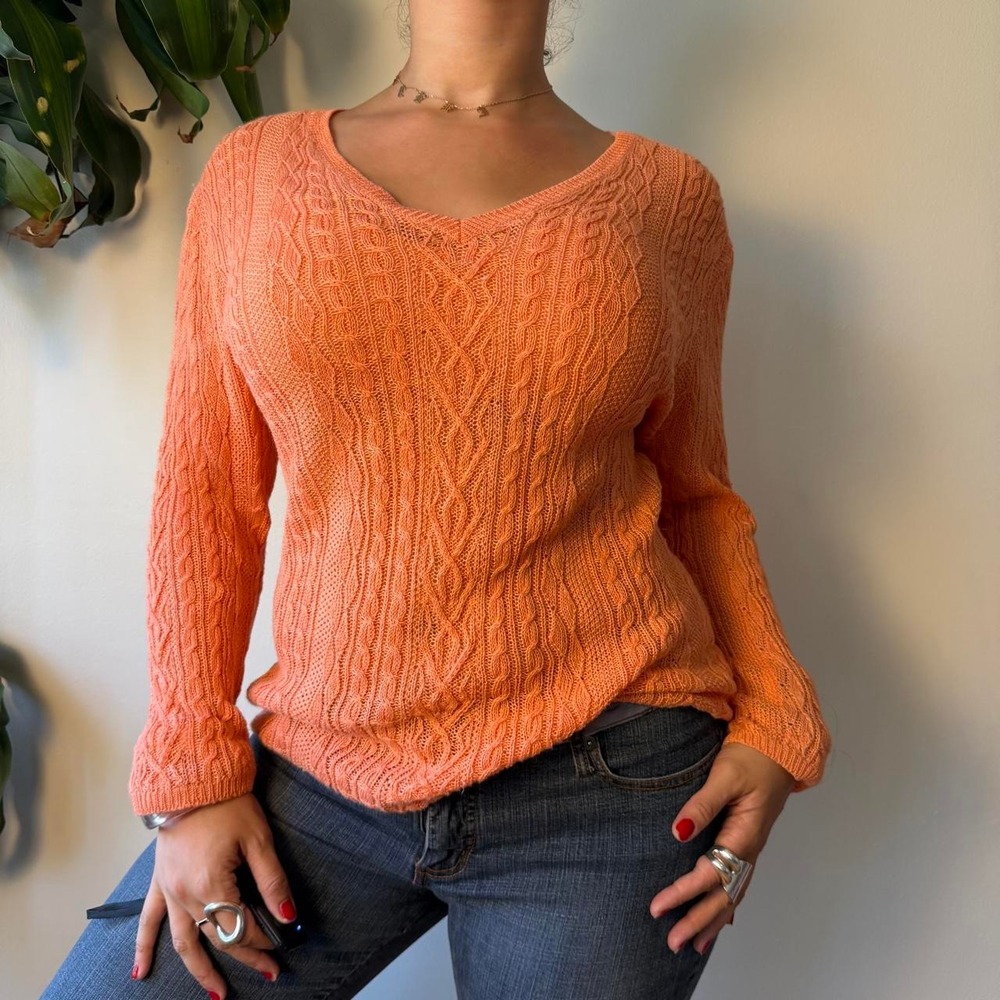 Ralph Lauren Vintage 90s Coral 100% Linen Cable Knit Sweater XL
